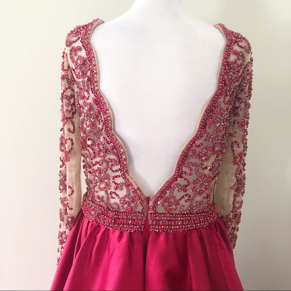 Jovani Pink Red Jeweled Long Sleeve Mermaid Dress 14 Formal Pageant Prom 46708 - Picture 9 of 13